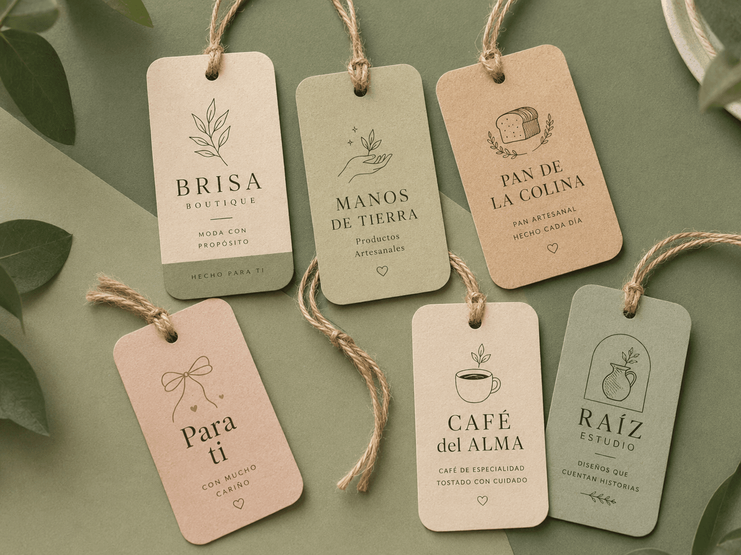 Tags personalizados de papelería impresos en papel matte, con puntas despuntadas y cordel de yute, presentados en una composición sobre fondo verde.